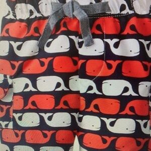 Whale Pattern Kids Swim Shorts - Red, White, and Black